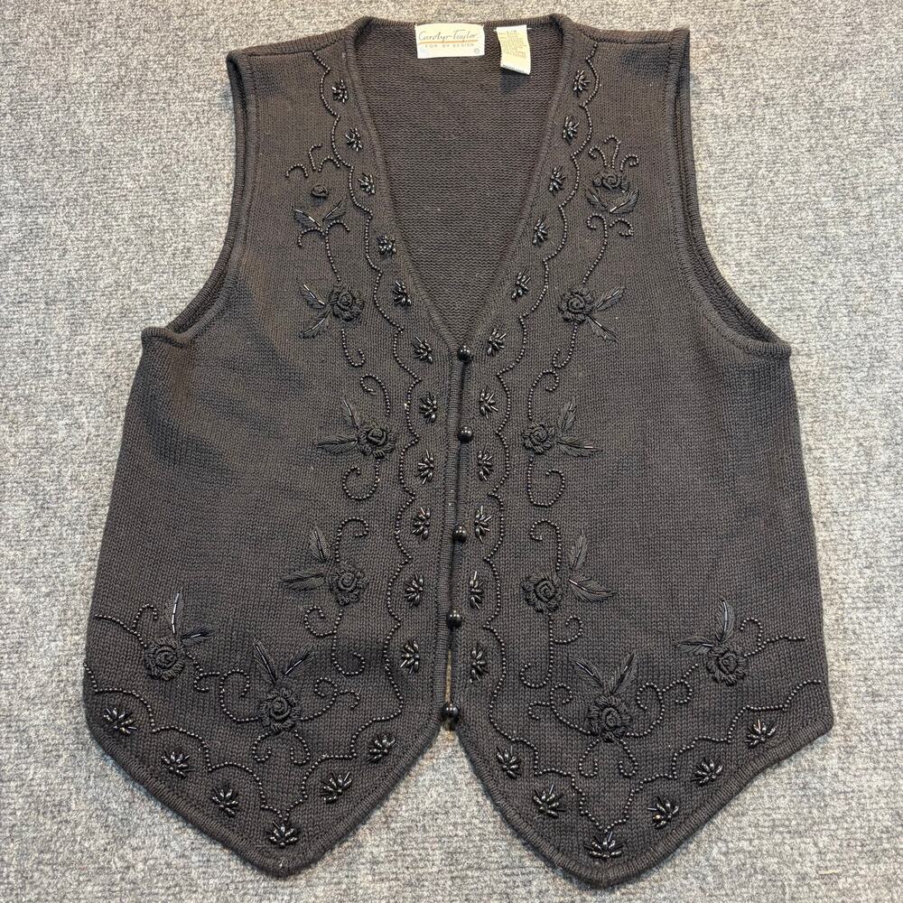 Carolyn Taylor Vintage Beaded Embroidered Ramie Sweater Vest Women Size L Granny